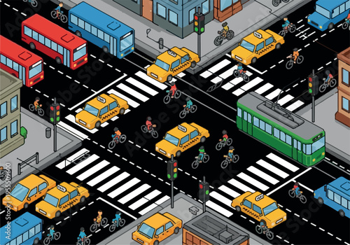 An isometric cityscape illustration depicting a busy urban intersection with traffic, including cars, buses, trams, and cyclists, emphasizing the flow of movement in a city environment