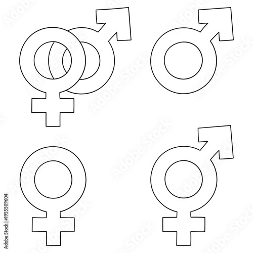 Hand-drawn doodle set of gender equality icons on a white background.