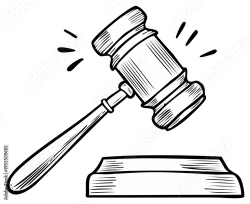 Hand drawn gavel striking sound lines legal judgment justice auction decree court decision symbol