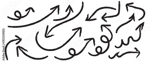 Set of Hand drawn vector arrows doodle on white background.  Texture design elements of scribble lines. Arrow crayon pastel pencil chalk color line stroke. 