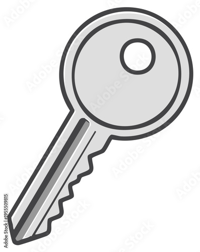 Simple gray metal key illustration representing security access and solutions for unlocking opportunities