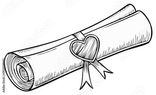 Scroll of love with heart-shaped seal in a hand-drawn style