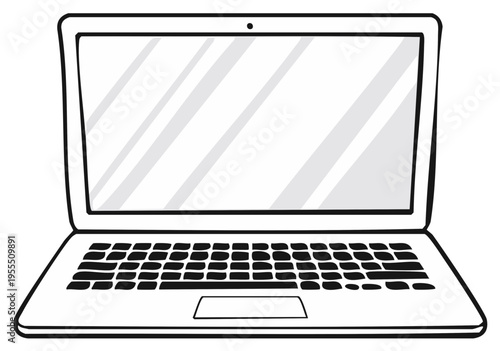 Black and white laptop illustration. Computer design in outline style.