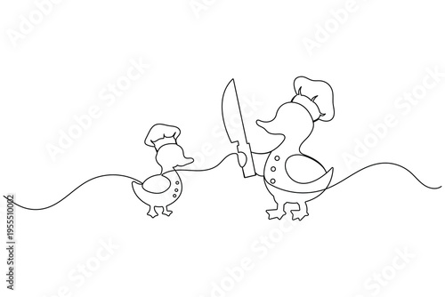 Chef duck and duckling wearing hats with a knife one continuous line art on white