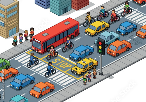 Isometric traffic jam in a city with cars, buses, cyclists, and pedestrians at a crosswalk with a stop sign and traffic light
