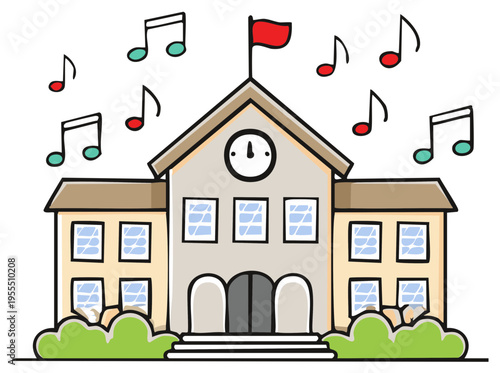Cartoon illustration of a school building with floating musical notes