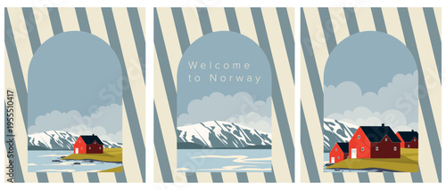 Winter landscape postcard set, summer in Norway banners, covers