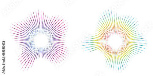 Sound equalizer icons with lines and dots, gradient neon circular sound wave frames, abstract radial music icons. Audio beat symbol concept isolated on white. Vector illustration.