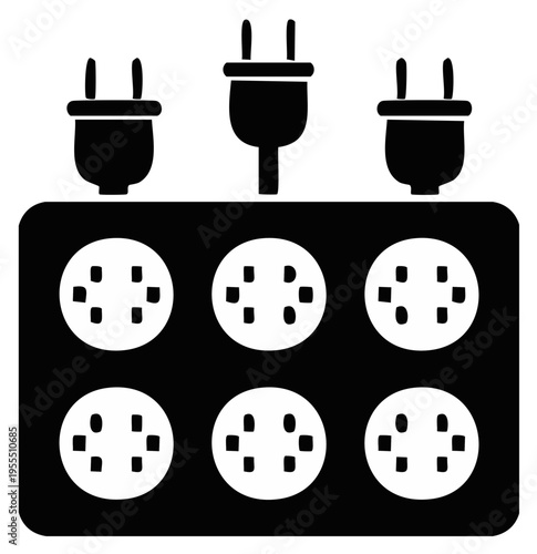 Minimalist black and white icon illustrating a power strip with multiple universal outlets and diverse plugs