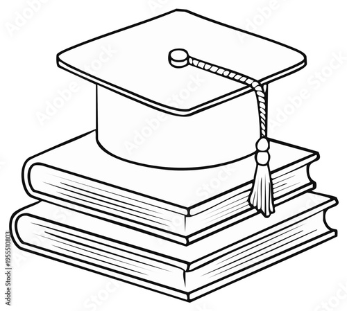 Graduation Cap with Tassel on Books Outlined, Education Celebration, Success, Learning, and Achievement, College, University