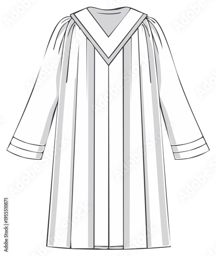 Line art fashion flat illustration of a pleated choir robe or graduation gown with a V neck yoke