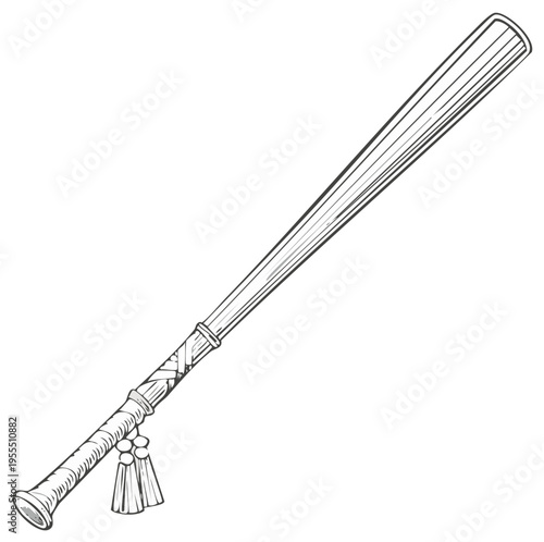 Sketch illustration of baseball bat with wrapped handle and tassels for decoration, sports equipment drawing