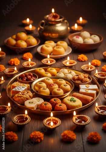 Various Festive Sweets Lit by Diyas on Wooden Surface