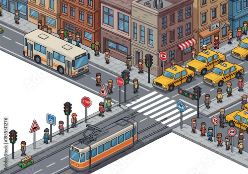 Isometric city street scene with traffic, vehicles, and pedestrians