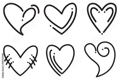 A collection of six hand drawn hearts with various designs