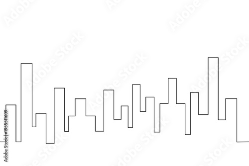 Minimalist city skyline featuring simple black geometric building outlines on a white background, one line art vector