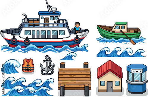 Collection of pixel art icons featuring a ferry, boat, waves, life vest, anchor, pier, house, and ticket booth for maritime and travel themes