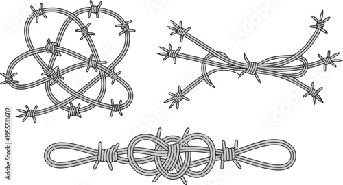 Set of barbed wire decorative elements abstract tangled knot frames border