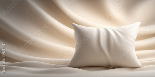 Soft white pillow on elegant draped satin background