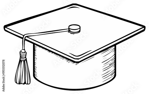 Hand drawn academic mortarboard graduation cap with tassel in a black and white sketch style illustration