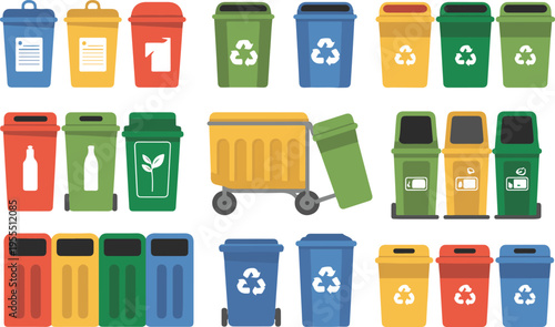 Set of colorful recycling bins and trash cans for waste sorting
