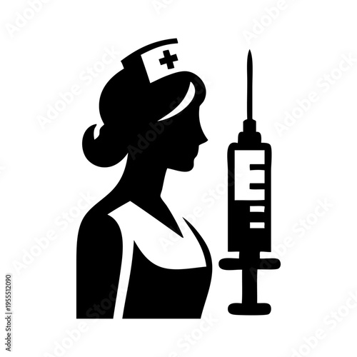 Logo Medical. Campaña de vacunación. Dibujo con silueta de una enfermera con una jeringuilla 