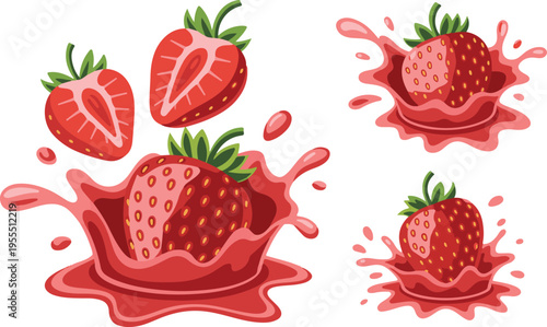 Fresh strawberries splashing into juice, whole and sliced