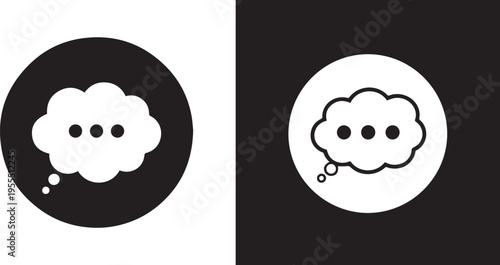 Two minimalist black circular icons featuring white cloud-shaped thought bubbles with ellipsis dots inside. Clean vector design representing dreaming, active thinking, or digital chat communication.