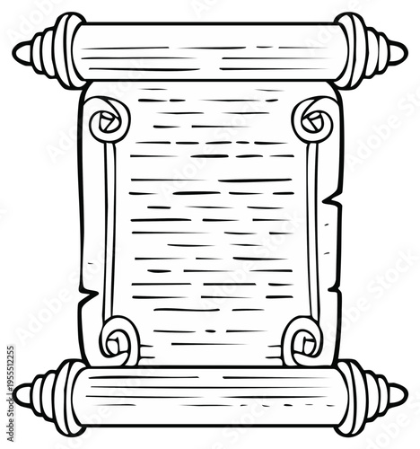 Open old parchment scroll with handwritten text and decorative rolled ends