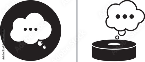 Minimalist vector icon set featuring white thought clouds with ellipsis dots inside and outside solid black circles, alongside a database symbol, representing data processing and cloud computing.