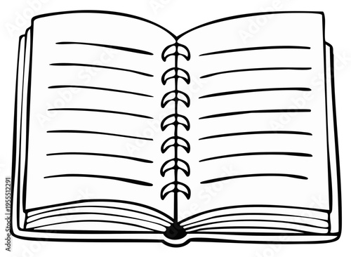Open spiral bound notebook with ruled blank pages and a simple line drawing style