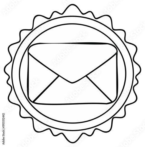 Hand-drawn envelope icon inside a circular badge with jagged outer edge
