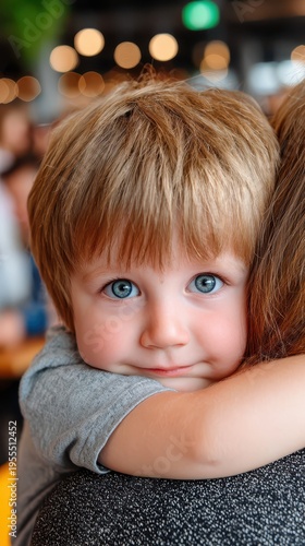 A young boy with blonde hair and striking blue eyes looks straight ahead, resting his head on an adult's shoulder in a soft-lit indoor setting at night. He has a gentle smile