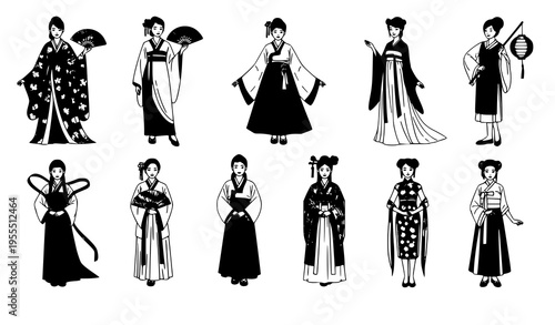 Asian women traditional costume characters vector cultural fashion set