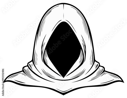Mysterious hooded figure illustration, grayscale, cartoon style
