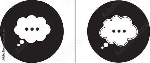 Two minimalist black circular icons featuring white cloud-shaped thought bubbles with ellipsis dots. Clean vector design representing active thinking, dreaming, or digital chat communication.