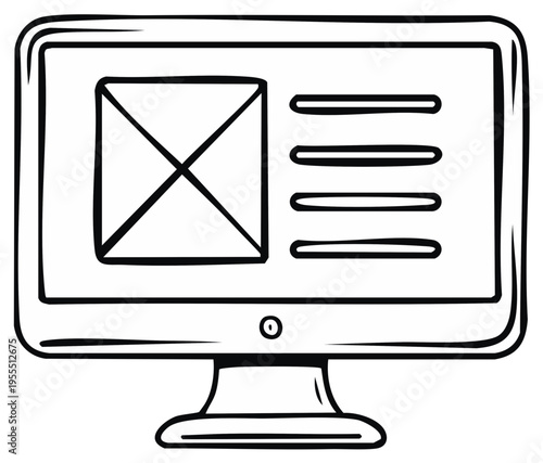 Outline computer monitor with webpage mockup, wireframe. Digital device showing a blank content layout and menu.