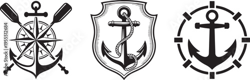 Nautical symbols anchor compass and oars on transparent background