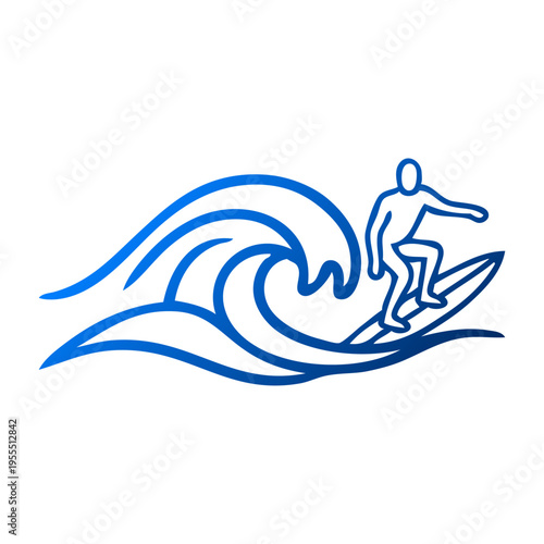 Vacaciones en la playa. Logo club de surf. Dibujo con líneas de un hombre en tabla de surf con olas de mar