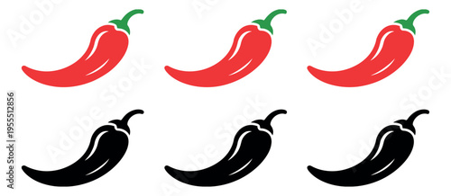 Chili pepper icon set in red and black showing spicy hot pepper silhouettes with stems, for restaurant menu, culinary design, and spicy food concept, vector illustration