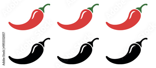 Red and black chili pepper icons set featuring spicy hot pepper silhouettes with stems, representing restaurant menu, spicy food, and flavoring design, vector illustration