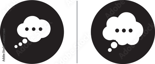 Minimalist vector icon set featuring white thought bubbles with ellipsis dots inside solid black circles, representing cognitive processing, brainstorming, and digital chat communication.