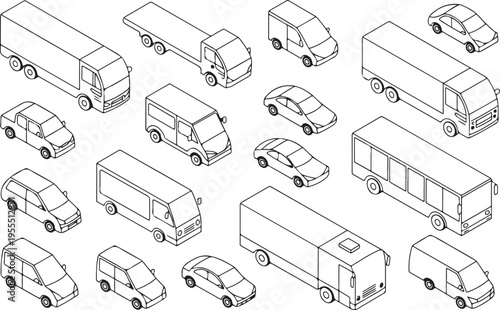 Set of city transport outlined isometric vehicles, cars, trucks, buses