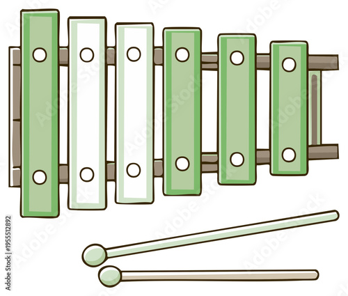 Children's green xylophone with mallets simple cartoon illustration isolated on white