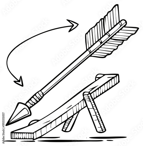 Stylized arrow being launched by a simple lever mechanism with a trajectory line drawing