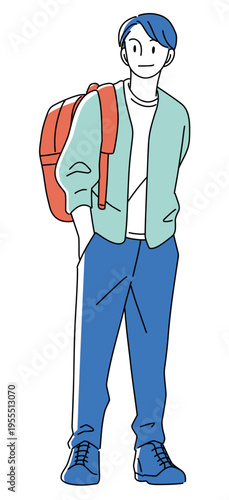 Full body illustration of a young man carrying a backpack in casual spring and summer clothes