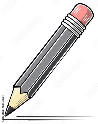 Classic gray pencil with a pink eraser drawing a line school office supply tool illustration