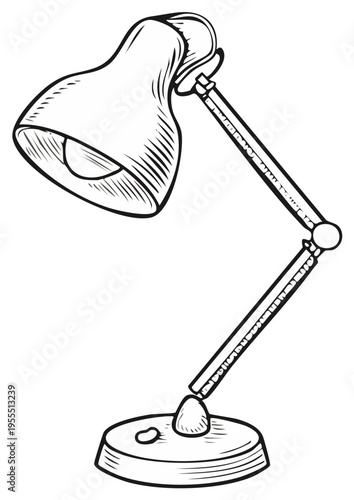 Adjustable desk lamp with articulated arm and base in a sketch style illustration