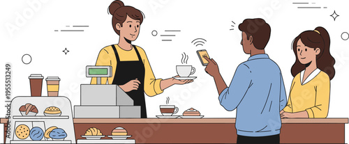 Modern vector illustration of customers making contactless mobile payment at coffee shop counter with barista serving fresh hot drinks