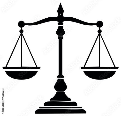 Black and white illustration of a balanced justice scale symbolizing legal fairness and equilibrium